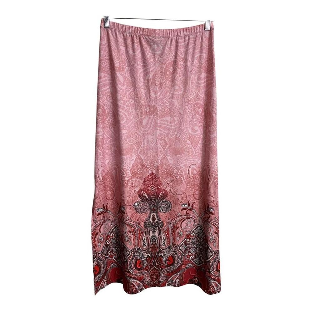 NYCC 90s Y2K Pink Red Paisley Maxi Skirt Sz Small Side Slit Stretchy Ethnic
